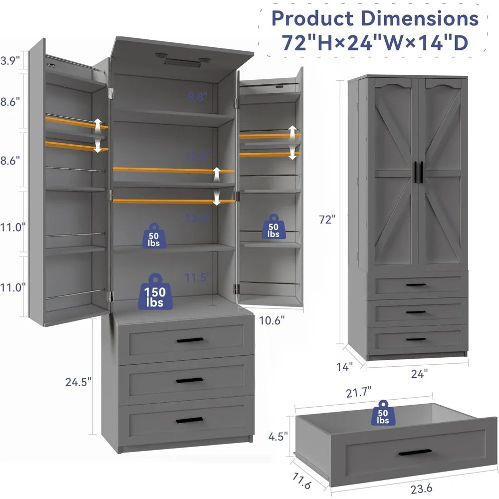 Farmhouse Style LED-Illuminated Kitchen Pantry Cabinet with 3 Drawers. Free Standing Pantry Storage, Barn Door Design, Adjustable Shelves