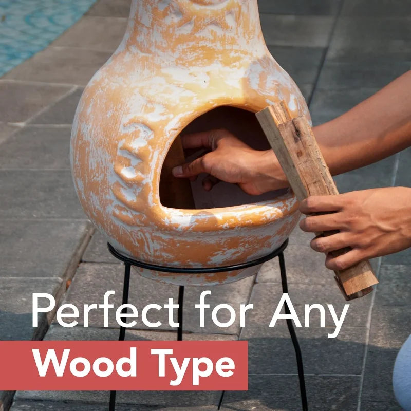 Medium Chiminea Outdoor Fireplace Clay Chimineas with Chimney Rain Lids and Solid Metal Stands - Yellow Terracotta Chimenea. Perfect Addition to your Patio.