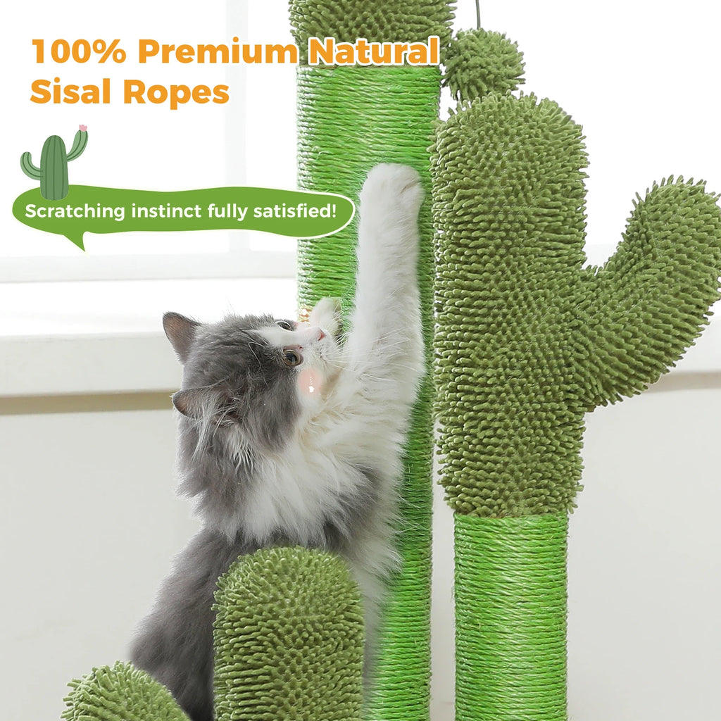 Cactus Cat Tree with Large Condo, Hammock, Dangling Ball and Cat Scratching Post for hours of indoor fun and shenanigans.