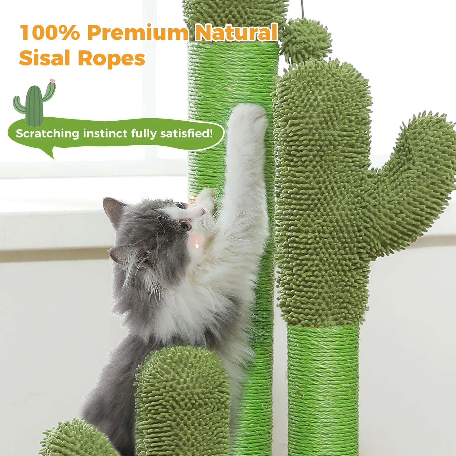 Cactus Cat Tree with Large Condo, Hammock, Dangling Ball and Cat Scratching Post for hours of indoor fun and shenanigans.