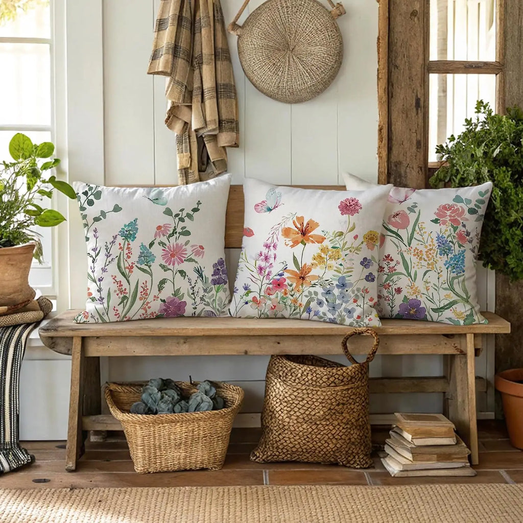Spring Farmhouse Pillow Covers 18x18 Inch, Outdoor Garden Linen Cushion Cases for Home Decor