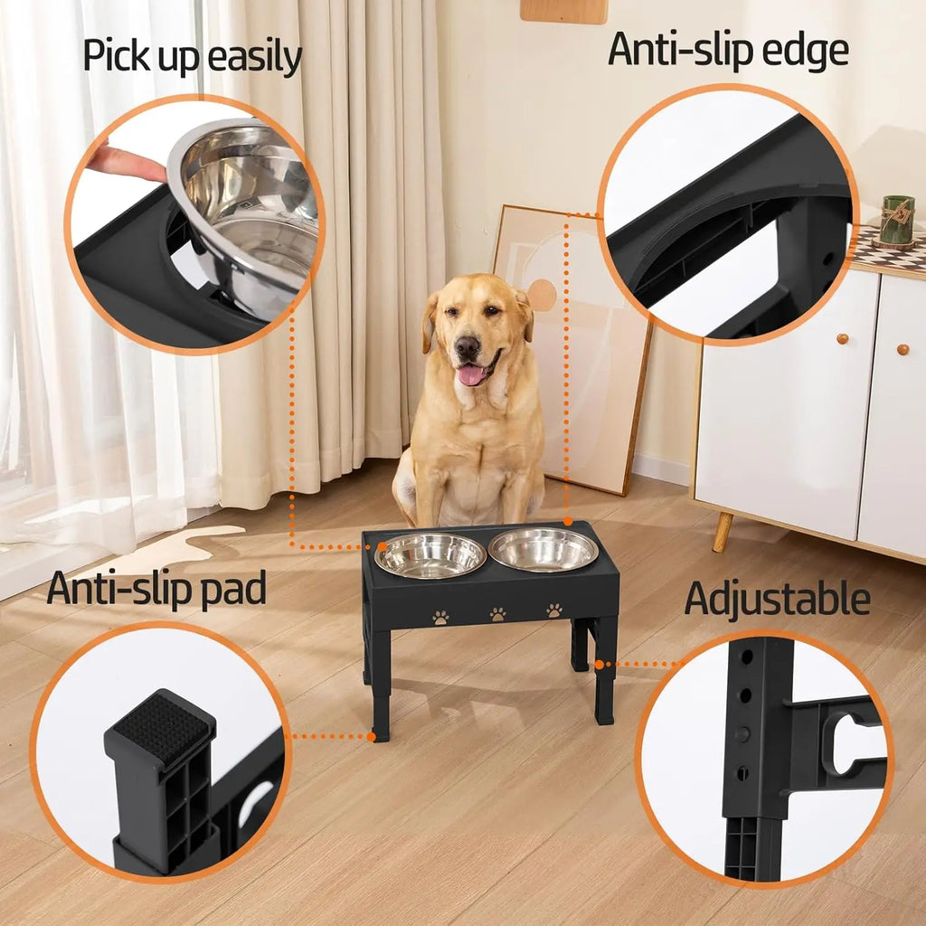 Adjustable Height Raised Dog Bowl Stand with 2 Stainless Steel Bowls, Non-Slip Feeder for Medium Large Dogs. Grows with Your Fur Baby.