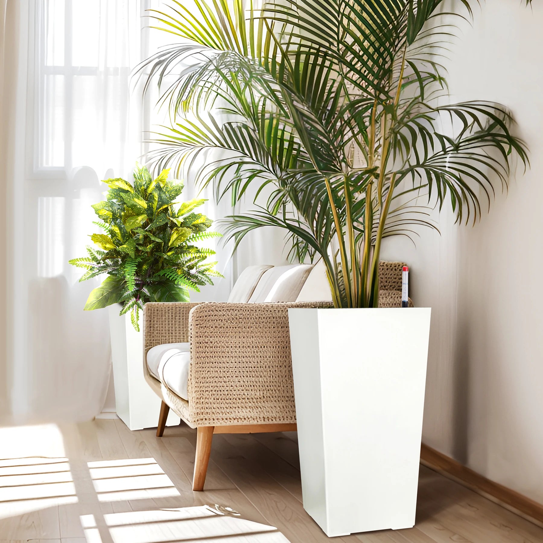 Outdoor Indoor Planter Pots, Tall Planter Pots with Drainage Holes and Auto Watering. 2 Colors, Multiple Sizes.