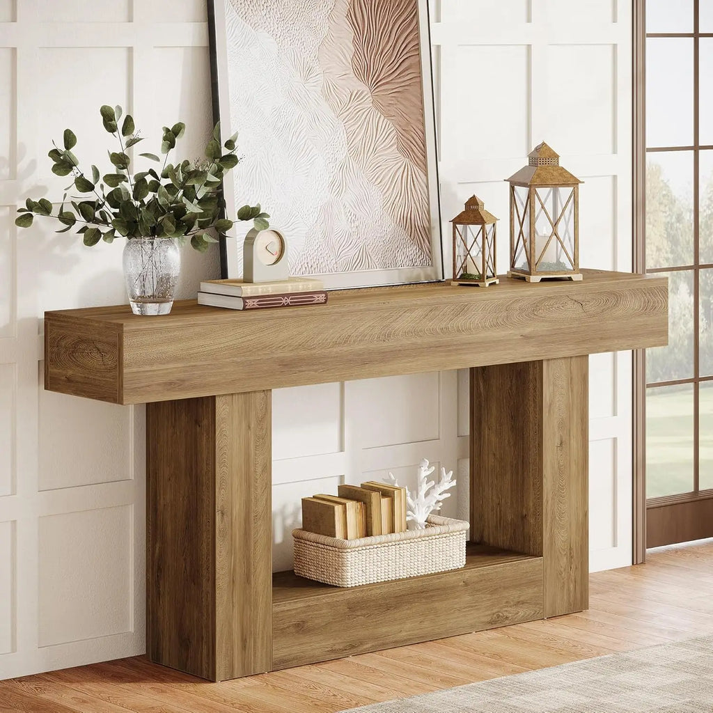Modern  Farmhouse 2-Tier Entryway Table with U-Shaped Base, Narrow Long Wood Sofa Table. 63 inches tall.. Uniquely Stunning Design. Several finishes to choose from.