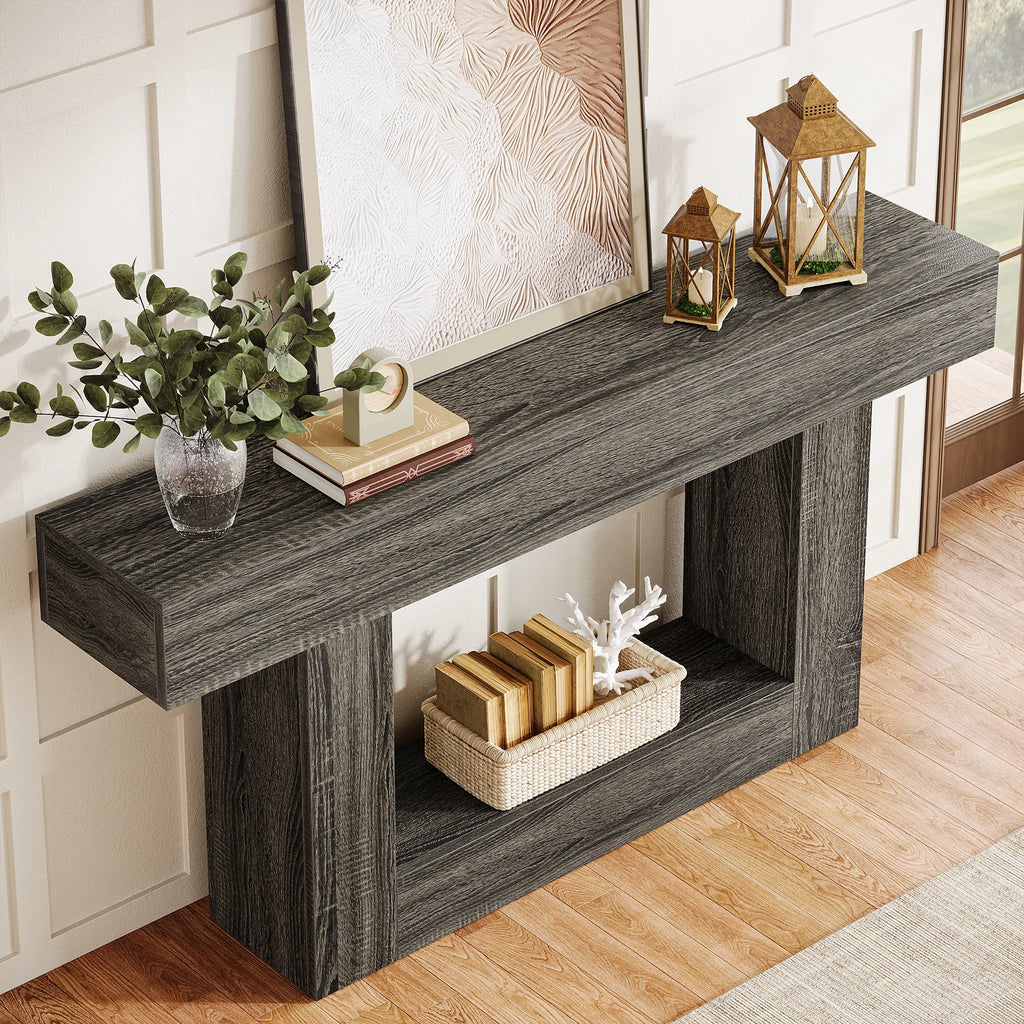 Modern  Farmhouse 2-Tier Entryway Table with U-Shaped Base, Narrow Long Wood Sofa Table. 63 inches tall.. Uniquely Stunning Design. Several finishes to choose from.