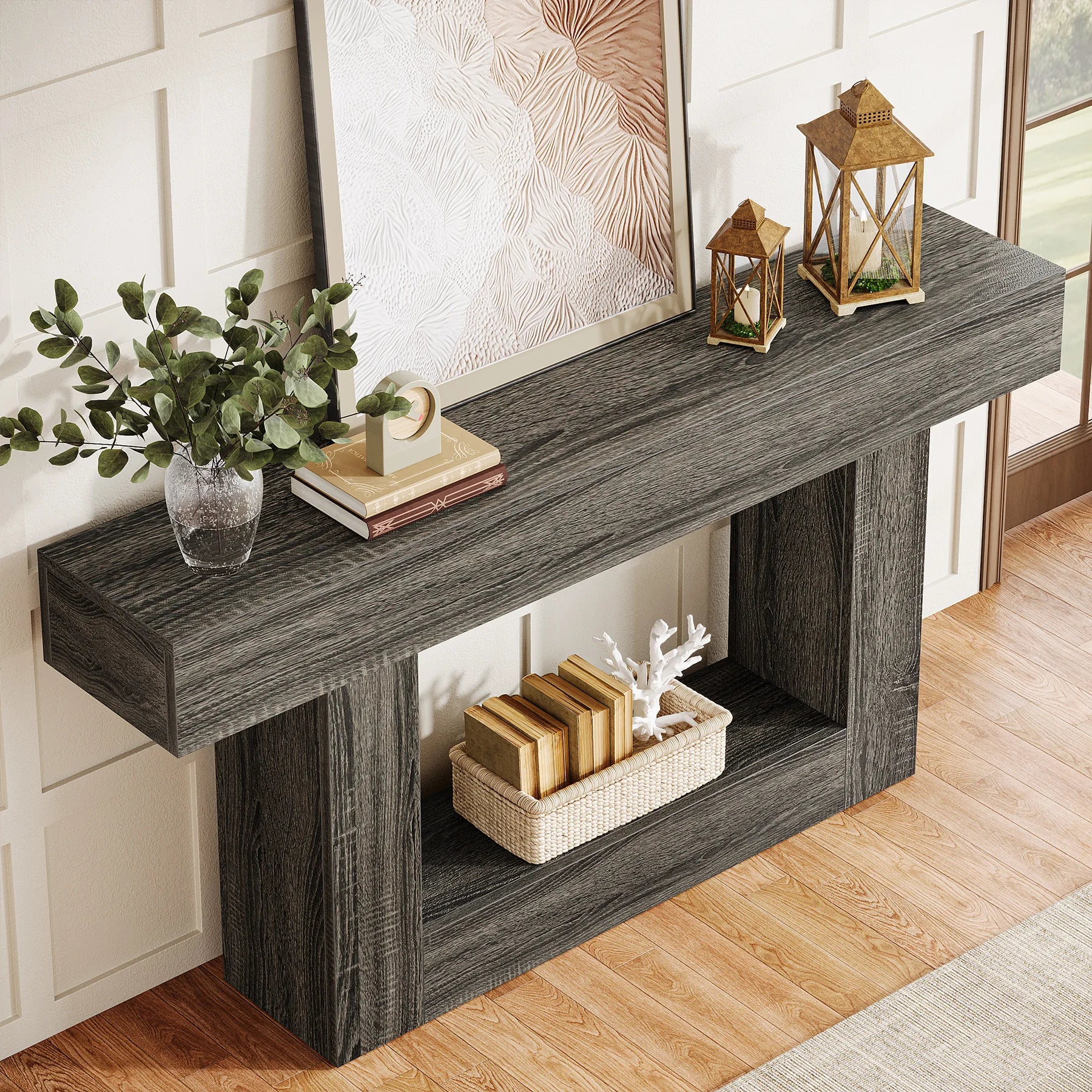Modern  Farmhouse 2-Tier Entryway Table with U-Shaped Base, Narrow Long Wood Sofa Table. 63 inches tall.. Uniquely Stunning Design. Several finishes to choose from.