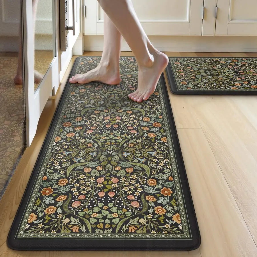 2PCS, Cushioned Anti Fatigue Mat Non Slip Waterproof Kitchens Sink Rug, Vintage Spring Floral Rugs ..These  will Save Your Frrt and Legs!