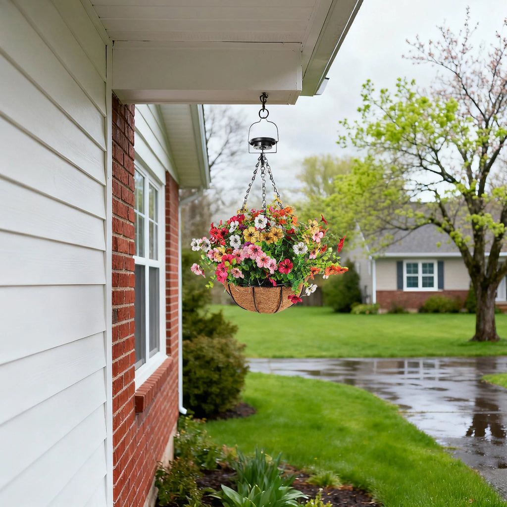 Solar-Powered Hanging Flower Basket Lights Outdoor Patio and Garden Lighting .