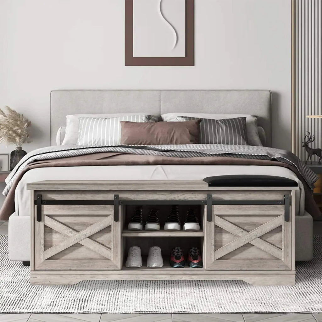 Farmhouse Style Storage Bench with Padded Seat. Great for the Entryway or Bedroom for shoe storage.