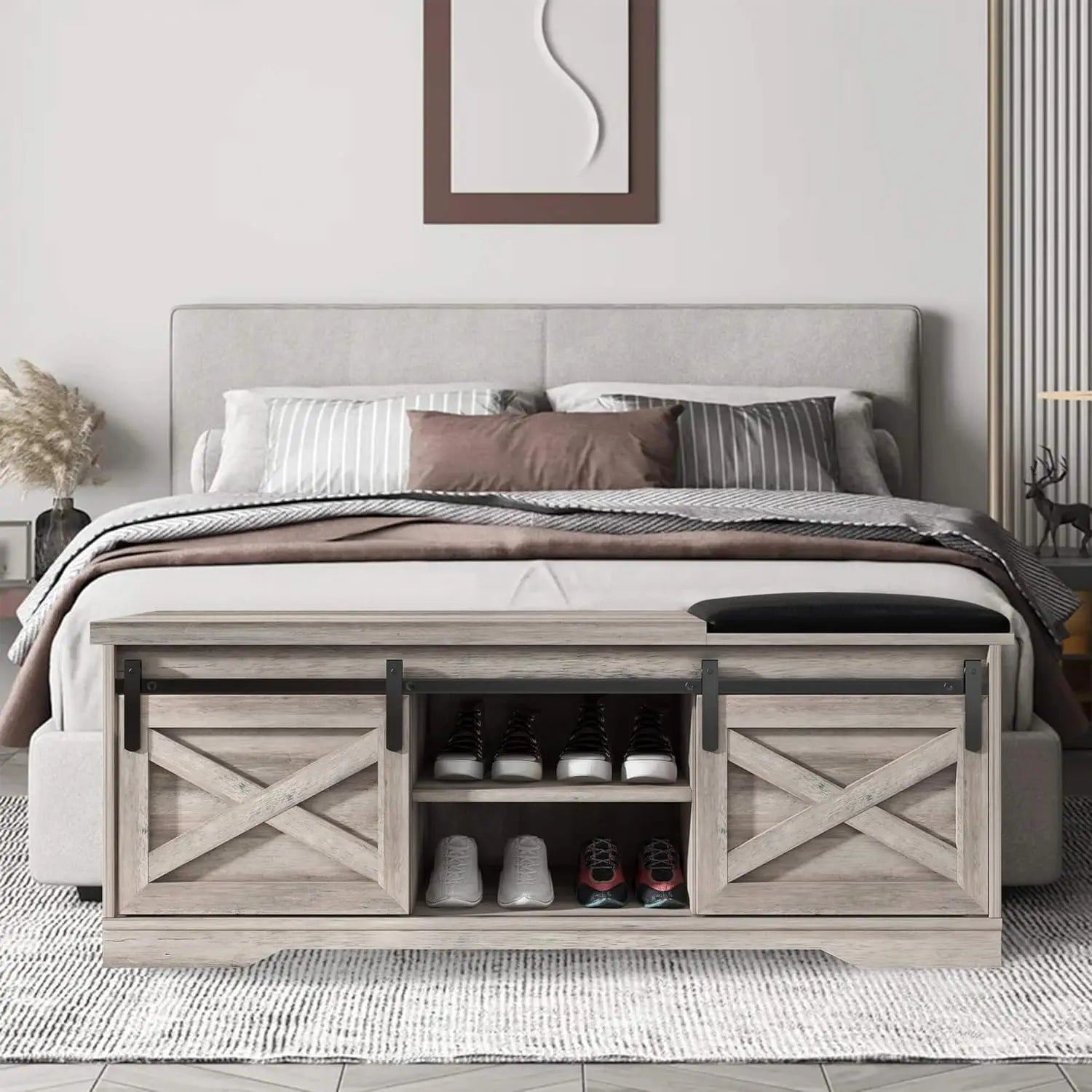 Farmhouse Style Storage Bench with Padded Seat. Great for the Entryway or Bedroom for shoe storage.