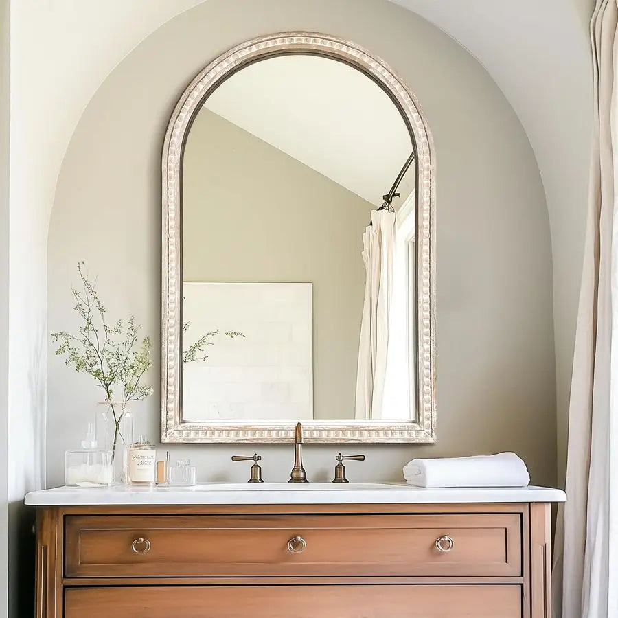 Farmhouse Style Wall Mirror with Beaded Wooden Frame, Perfect Addition to Any Room!