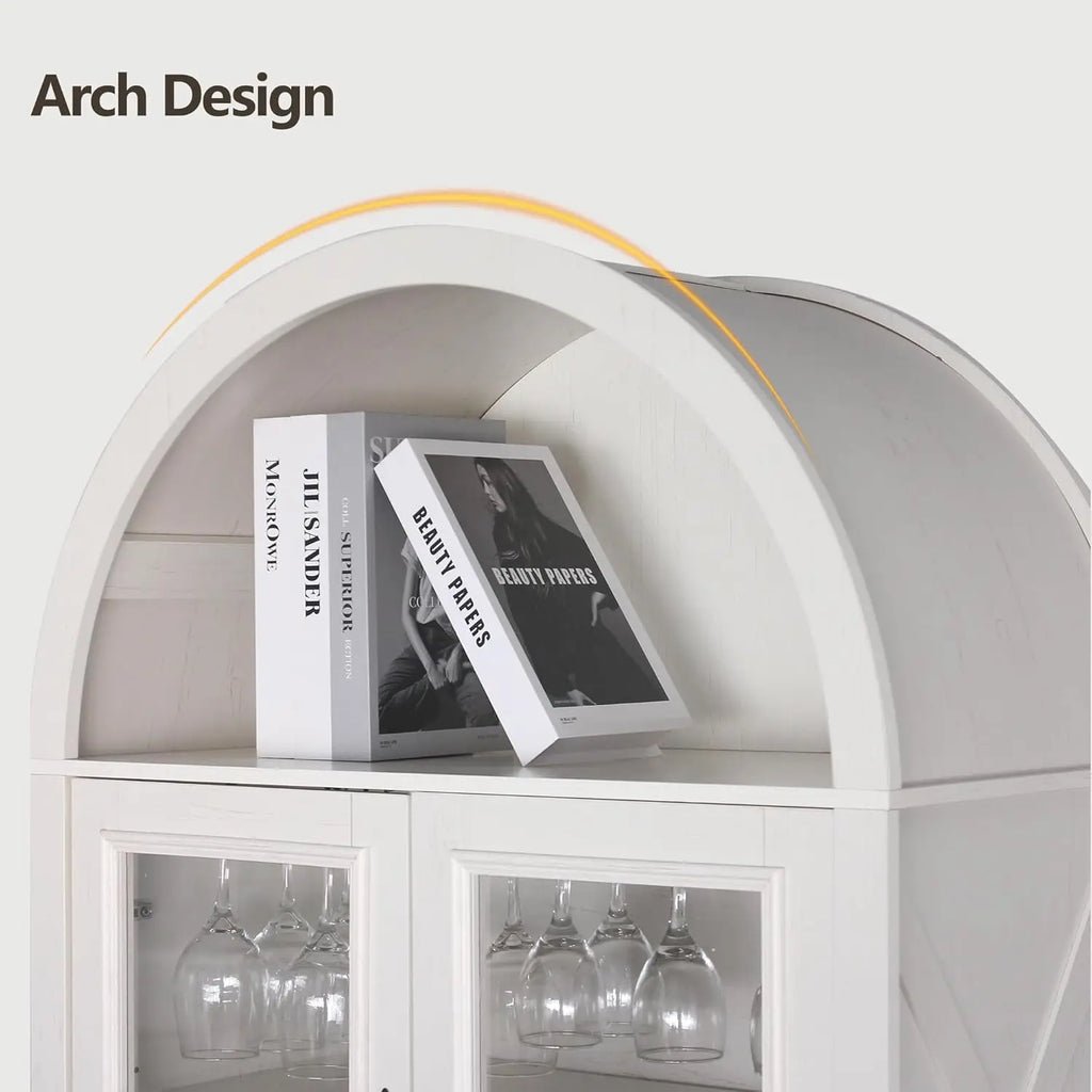 Farmhouse Style Arched Bar Cabinet with Glass Doors, 71" Tall Wine Storage Cabinet with Stemware Rack, Wine Rack and Storage.  Both Functional and Beautiful.