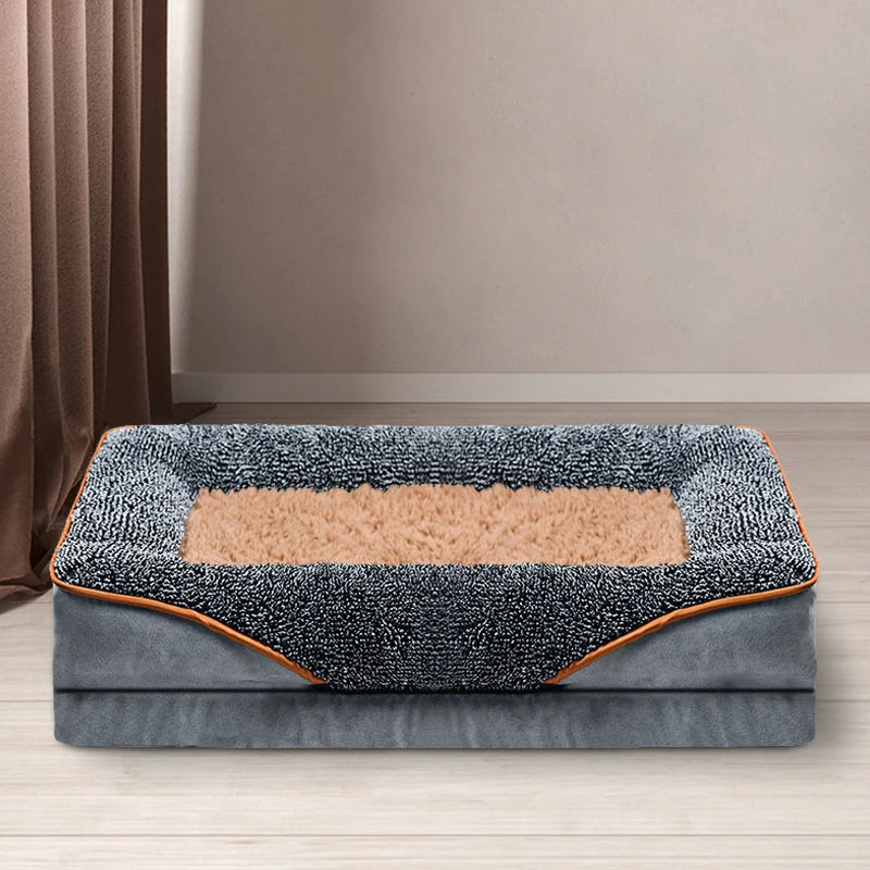 An oversized dog bed comfortable and soft. Washable liner. Multiple Sizes. and color combinations. Both Functional and Attractive.