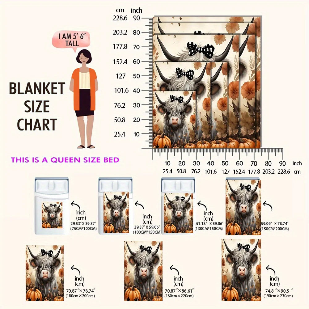 Highland Cow Throw Blanket - Large Flannel Plush Autumn Themed Throw in Fall Colors. This Blanket is TOO Cute!  Multiple Sizes.