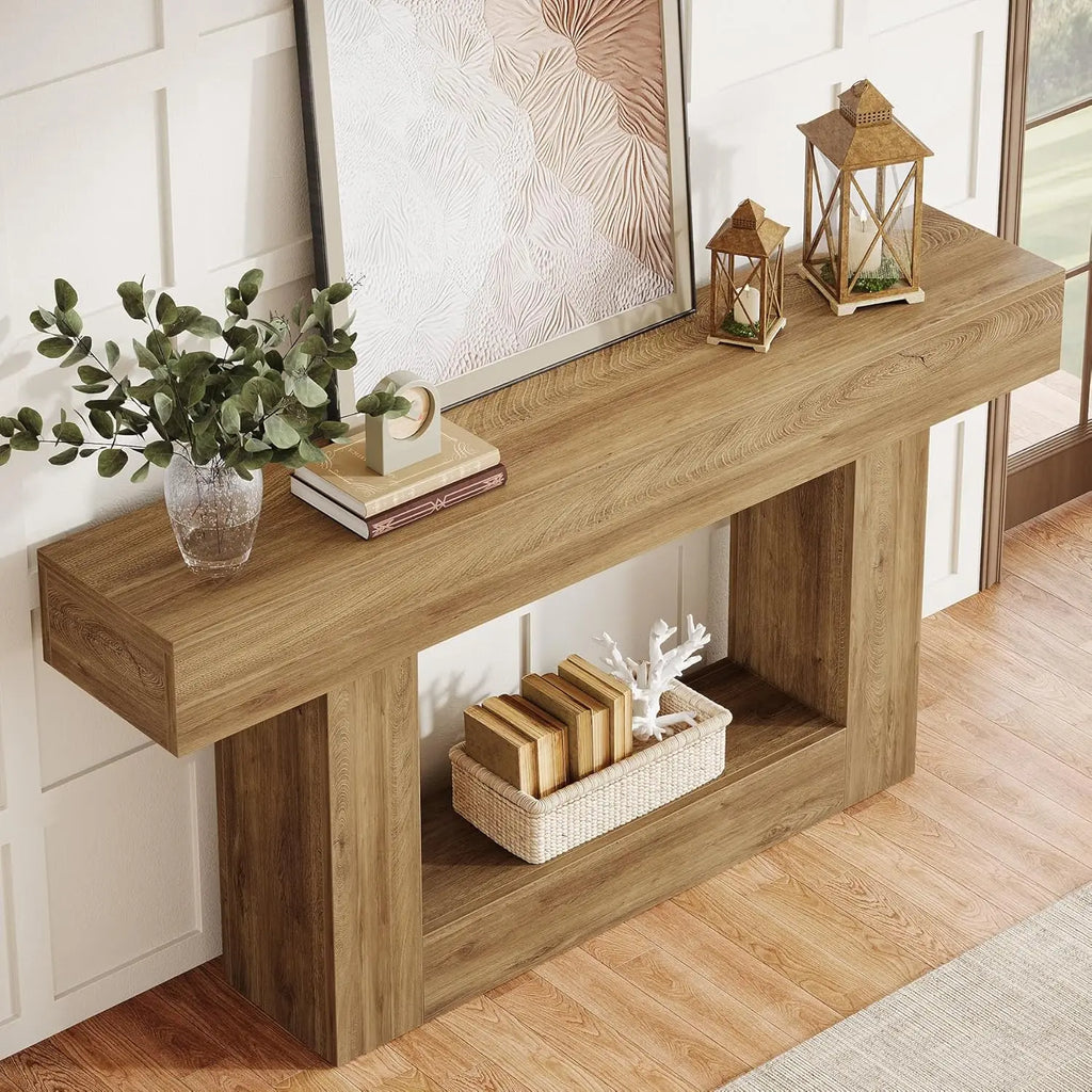 Modern  Farmhouse 2-Tier Entryway Table with U-Shaped Base, Narrow Long Wood Sofa Table. 63 inches tall.. Uniquely Stunning Design. Several finishes to choose from.