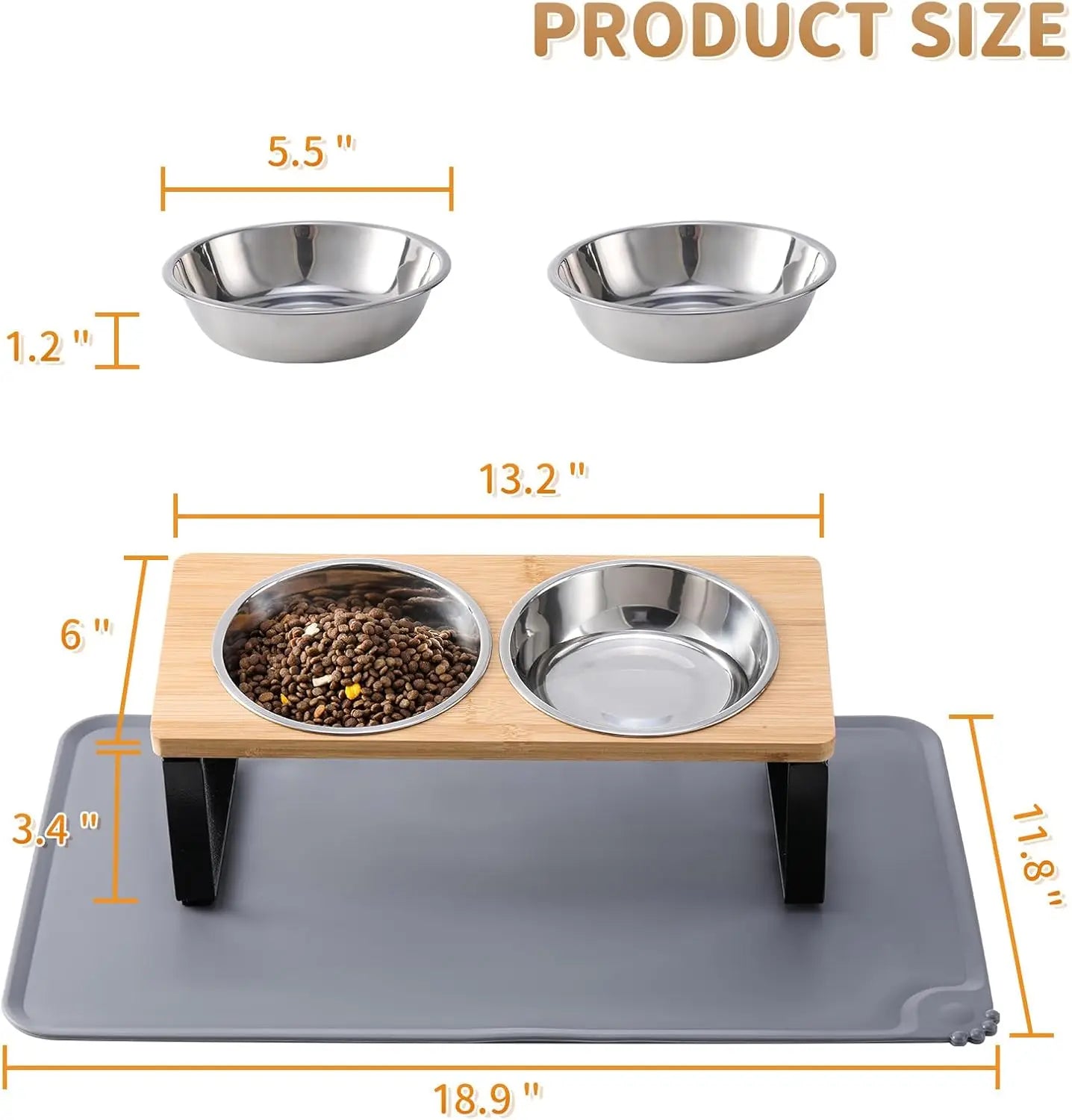 Elevated Cat Bowls with Mat, 15° Tilted Stand Anti-Vomiting Raised Dishes for Food and Water, 2 Stainless Steel Bowls
