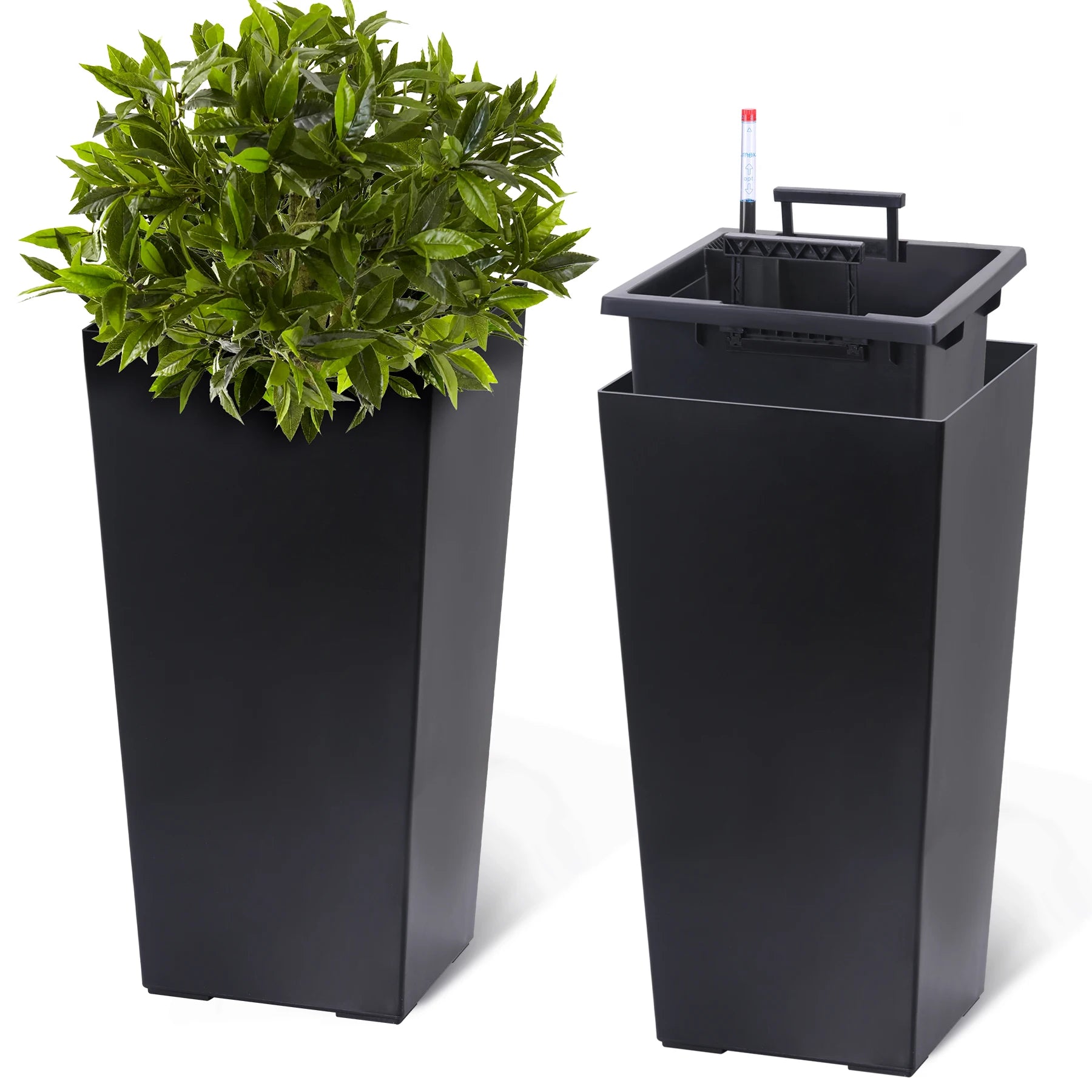 Outdoor Indoor Planter Pots, Tall Planter Pots with Drainage Holes and Auto Watering. 2 Colors, Multiple Sizes.