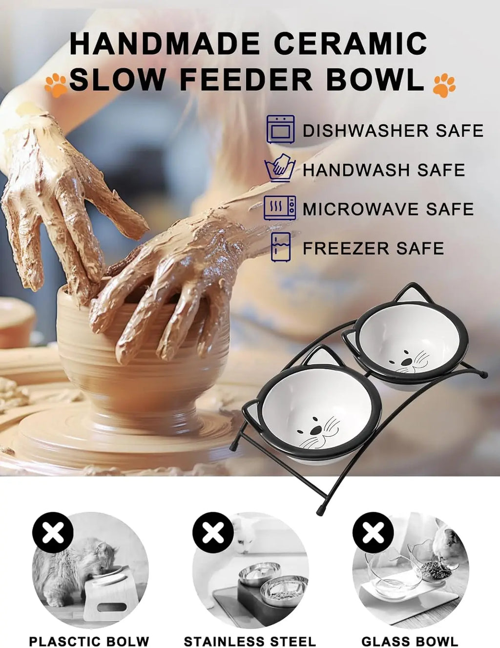 Elevated Ceramic Pet Bowls with Stand for Cats and Small Dogs, Dishwasher Safe, 12 oz Capacity.  Simple Design and Really Cute!