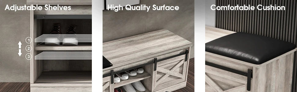 Farmhouse Style Storage Bench with Padded Seat. Great for the Entryway or Bedroom for shoe storage.