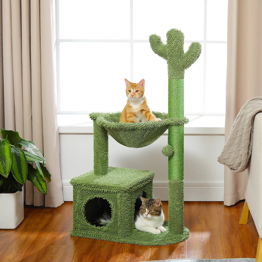 Cactus Cat Tree with Large Condo, Hammock, Dangling Ball and Cat Scratching Post for hours of indoor fun and shenanigans.