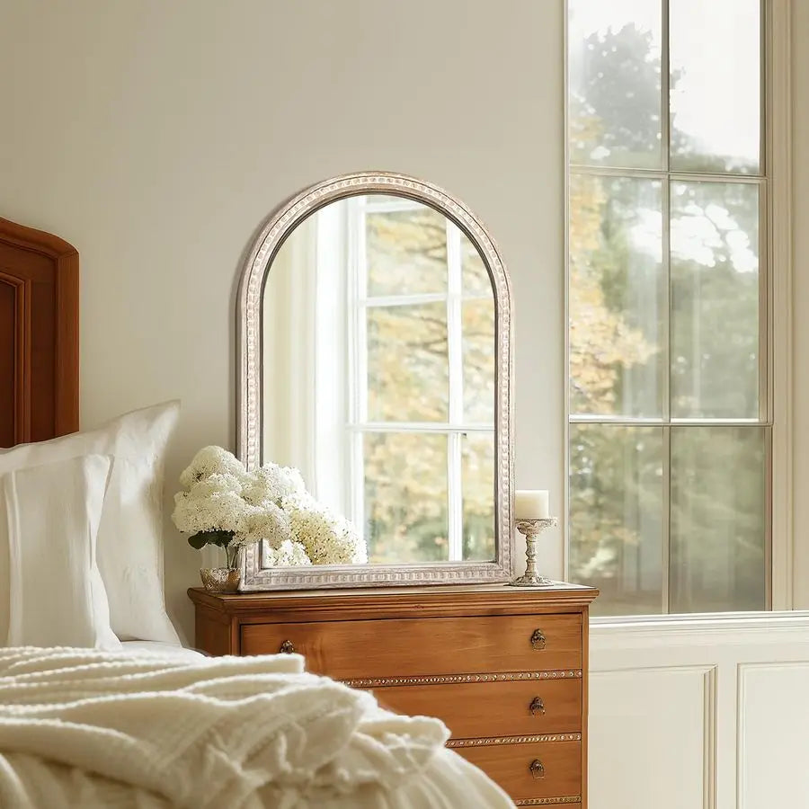 Farmhouse Style Wall Mirror with Beaded Wooden Frame, Perfect Addition to Any Room!