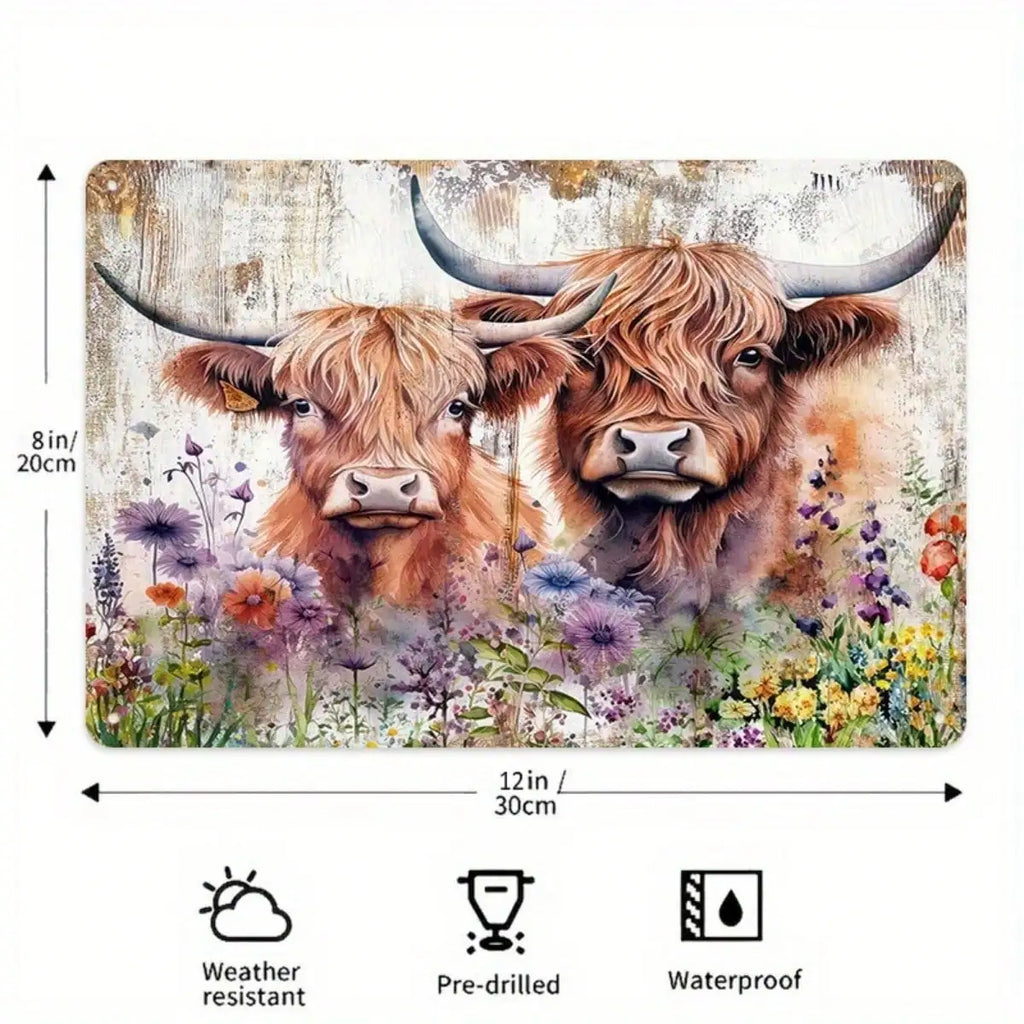 - Rustic Farm Charm Metal Wall Decor.  8x12 Highland Cow metal Sign.