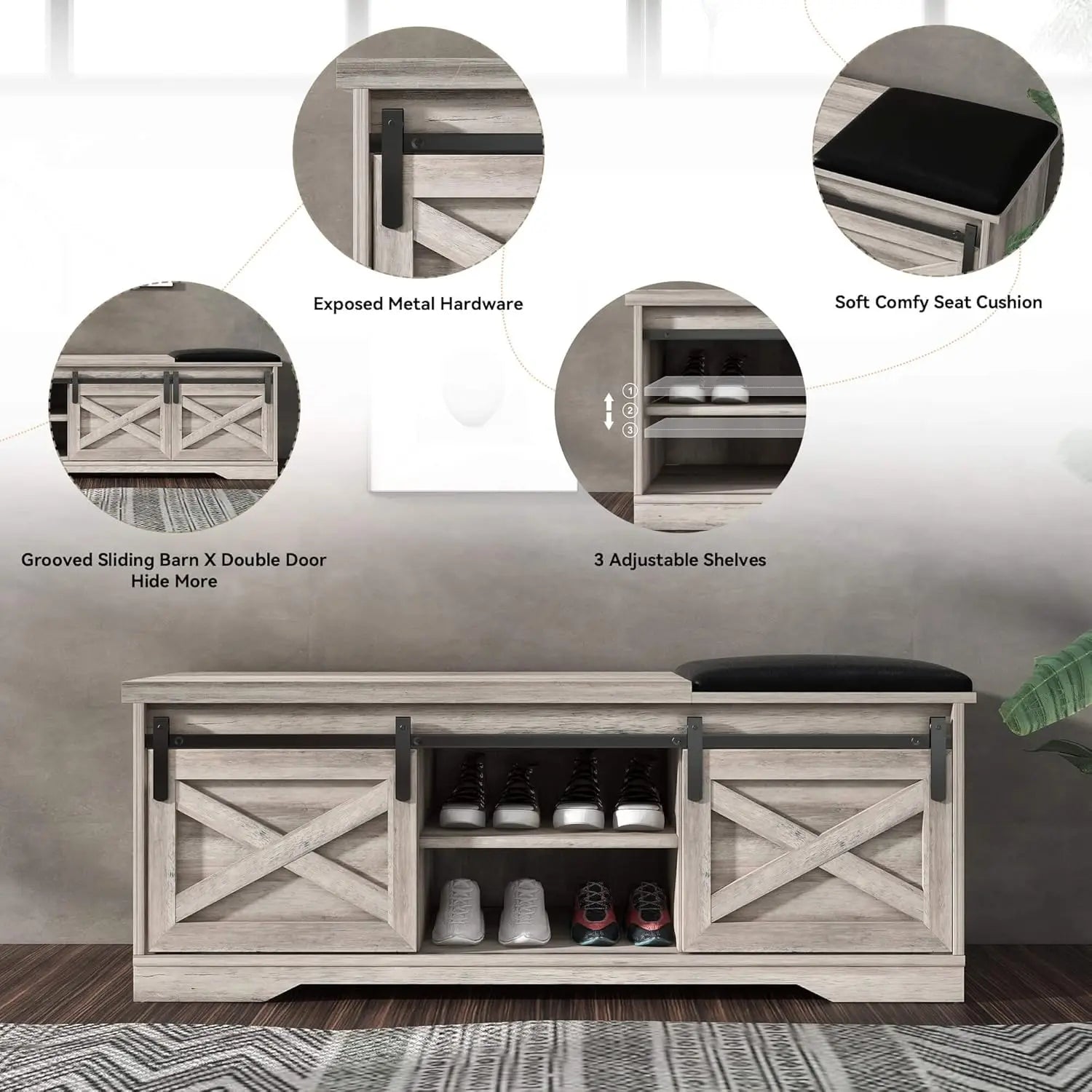 Farmhouse Style Storage Bench with Padded Seat. Great for the Entryway or Bedroom for shoe storage.