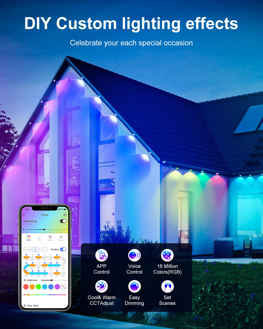 Permanent Outdoor Lights, 100ft/150FT RGBIC Outdoor Lights with 60/90 LED Lights, IP67 Waterproof, 100 Scene Modes. I Have Seen These Lights in Action and They are Great.