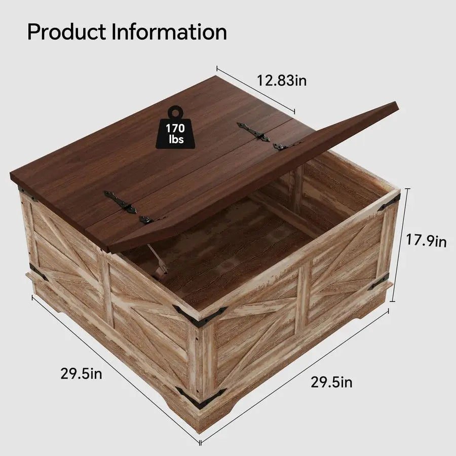 Farmhouse Style Heavy Duty Coffee Table with Storage, Square Wood Center Table Set for Living Room with Pull Up Large Lid.