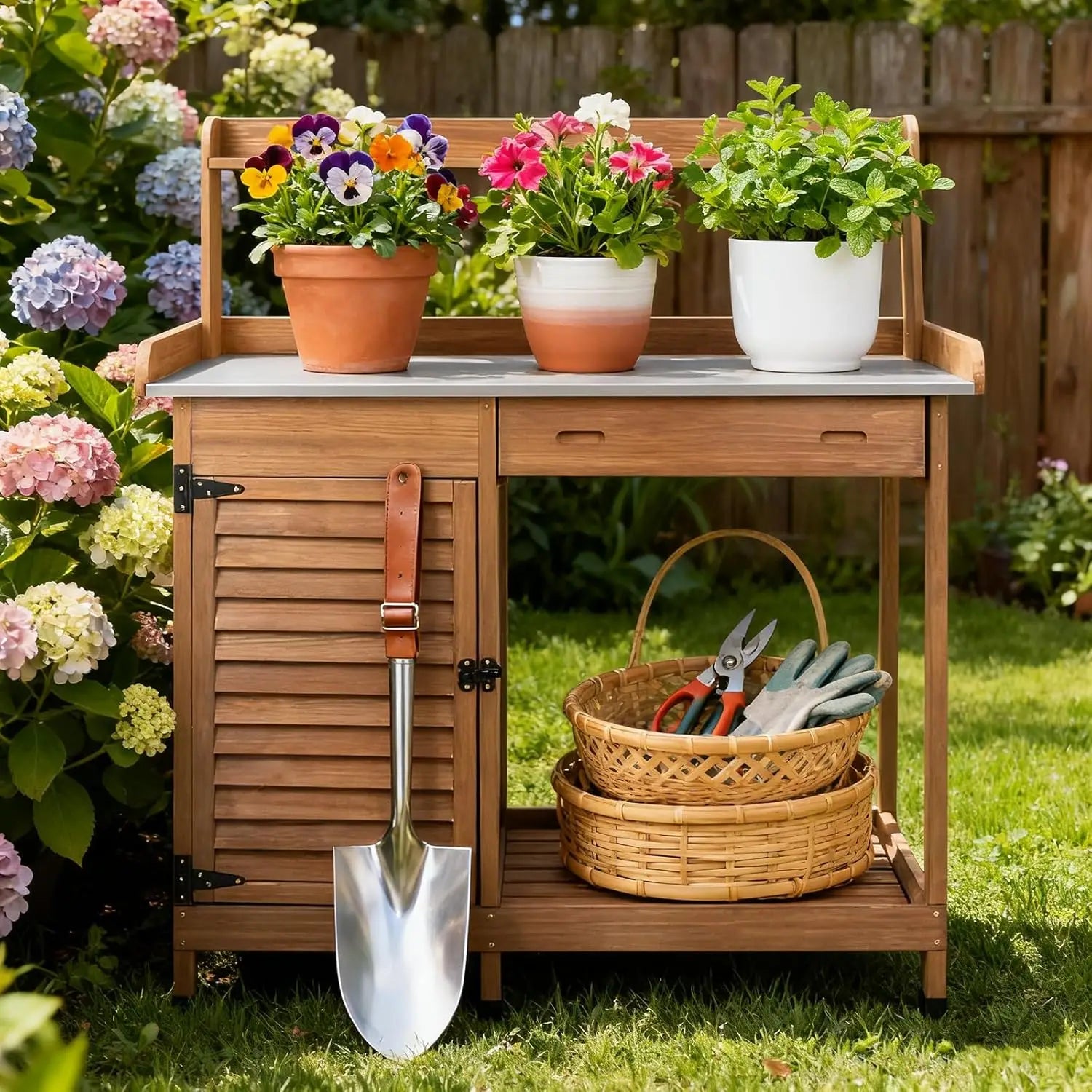 Outdoor Potting Bench Table, Wooden Weatherproof Garden Work Station with Sliding Drawer, Metal Table Top.