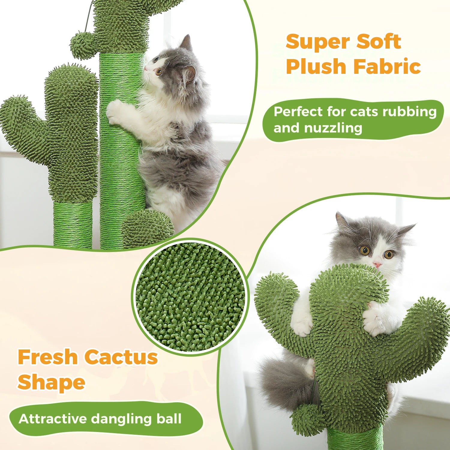 Cactus Cat Tree with Large Condo, Hammock, Dangling Ball and Cat Scratching Post for hours of indoor fun and shenanigans.