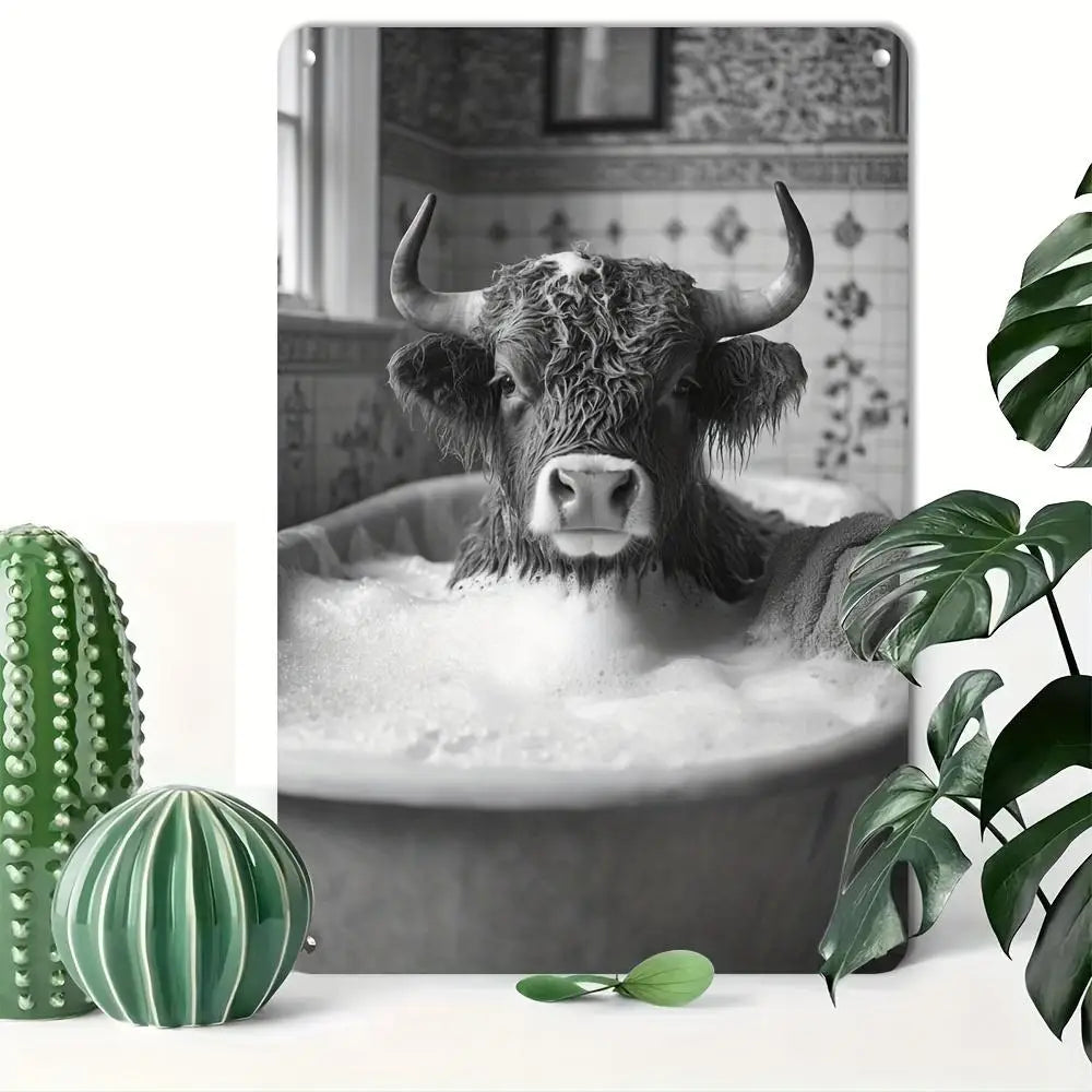 1PC Highland Cow Bathroom Vintage Iron Metal Sign.  Measures 8x12.  Fun Highland Cow Decor! Have to Have It!!