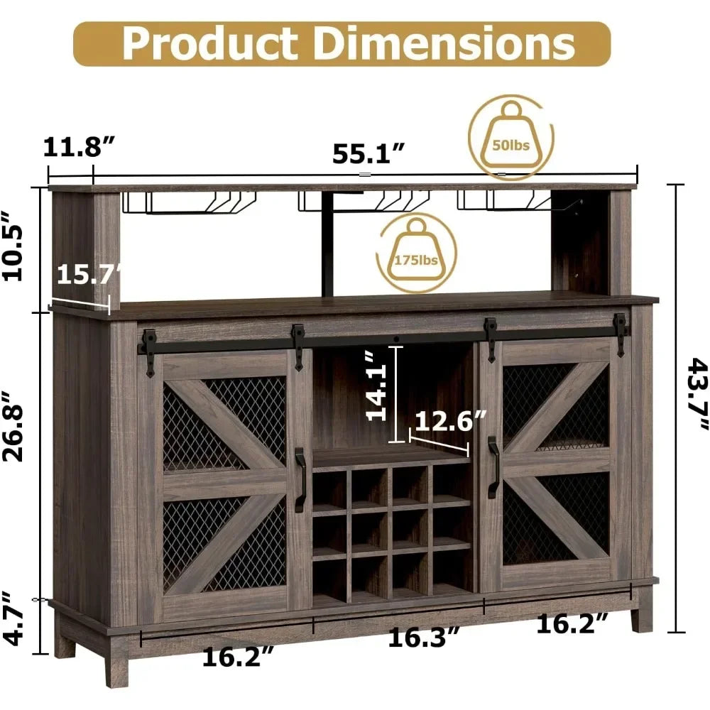 Farmhouse Style Coffee Bar/Wine Bar with LED Lighting and Sliding Barn Door. This is a Great Piece to Bring a Little Farm Charm to Your Home. Two Finishes to Choose From.