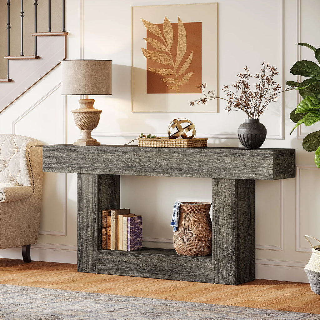 Modern  Farmhouse 2-Tier Entryway Table with U-Shaped Base, Narrow Long Wood Sofa Table. 63 inches tall.. Uniquely Stunning Design. Several finishes to choose from.