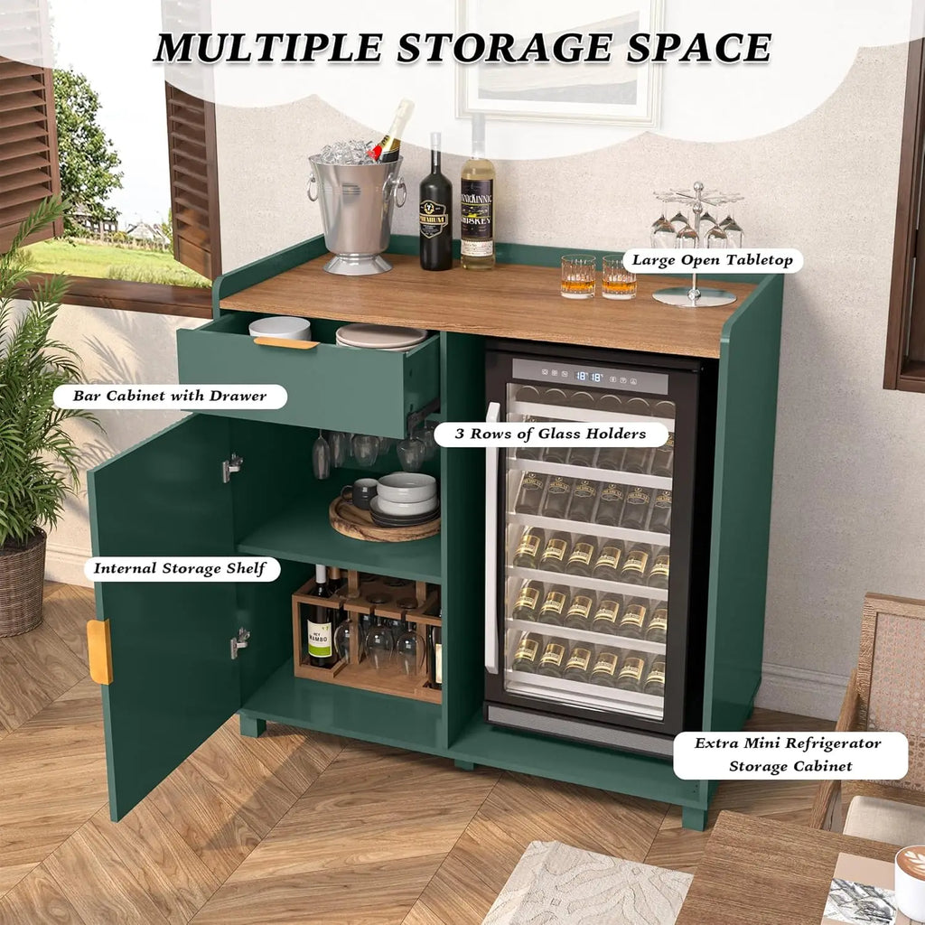 Modern Farmhouse Coffee Bar Cabinet with Mini Fridge Space, Wine Storage & Fluted Door - Green Sideboard for Living Room or Kitchen.
