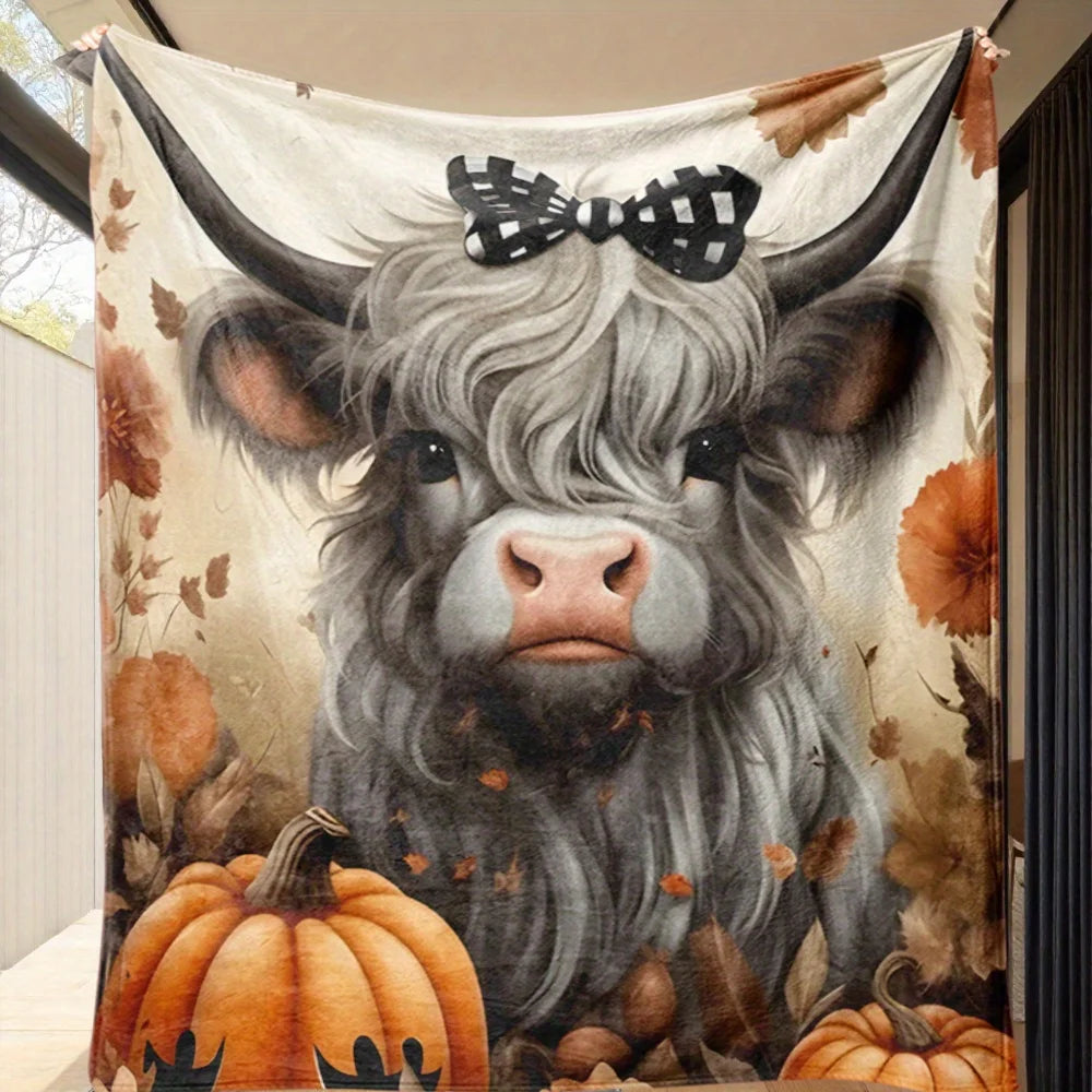 Highland Cow Throw Blanket - Large Flannel Plush Autumn Themed Throw in Fall Colors. This Blanket is TOO Cute!  Multiple Sizes.
