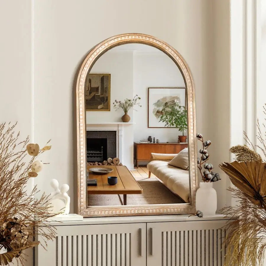 Farmhouse Style Wall Mirror with Beaded Wooden Frame, Perfect Addition to Any Room!