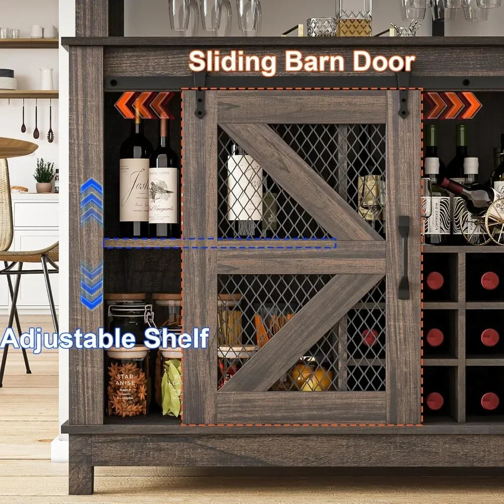 Farmhouse Style Coffee Bar/Wine Bar with LED Lighting and Sliding Barn Door. This is a Great Piece to Bring a Little Farm Charm to Your Home. Two Finishes to Choose From.