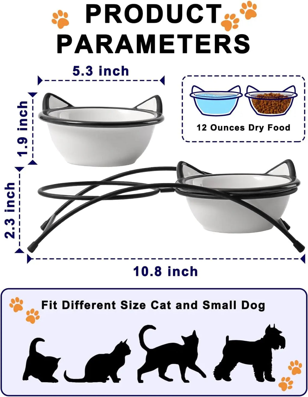 Elevated Ceramic Pet Bowls with Stand for Cats and Small Dogs, Dishwasher Safe, 12 oz Capacity.  Simple Design and Really Cute!