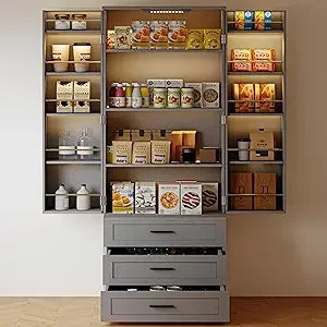 Farmhouse Style LED-Illuminated Kitchen Pantry Cabinet with 3 Drawers. Free Standing Pantry Storage, Barn Door Design, Adjustable Shelves