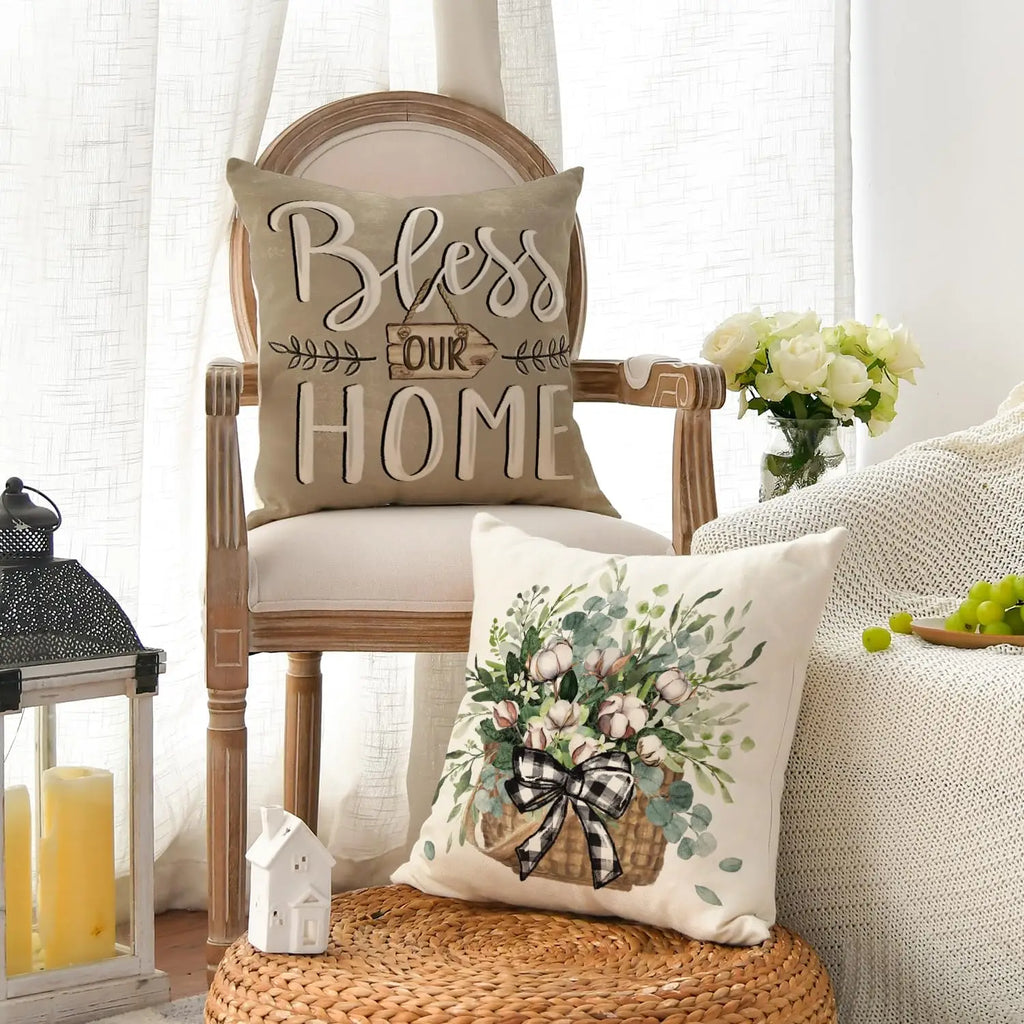 Farmhouse Eucalyptus Leaves Throw Pillow COVERS, 18x18 Inch Home Decor Set of 4 with Hidden Zipper.