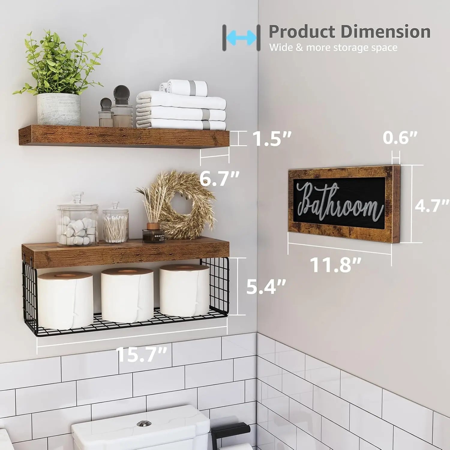 Farmhouse Bathroom Shelves Over Toilet - Floating Shelf Set with Basket & Sign, Rustic Brown