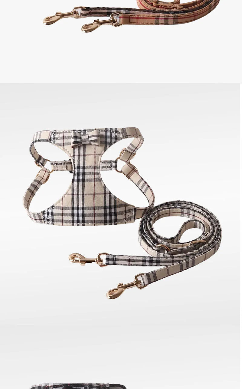 Dog Harness Leash Set for Small and Medium Dogs Adjustable Plaid Bow Vest Double Hook Leash Pet .Your Fur Babies will be Walking in Style.