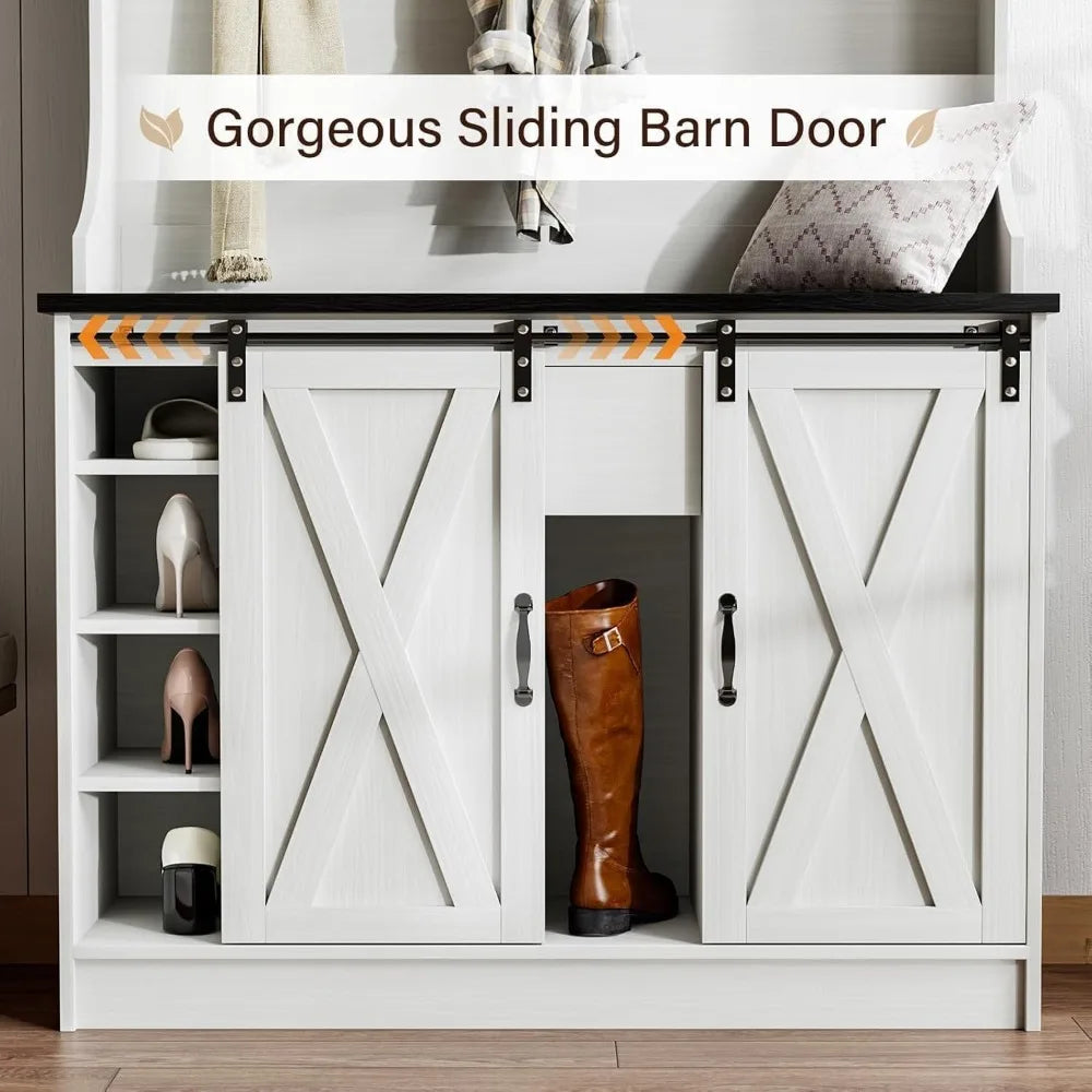 Farmhouse Style Hall Tree with Bench and Shoe Storage Adjustable Shelf and Barn Doors This would be Great In a Entryway or Mudroom.