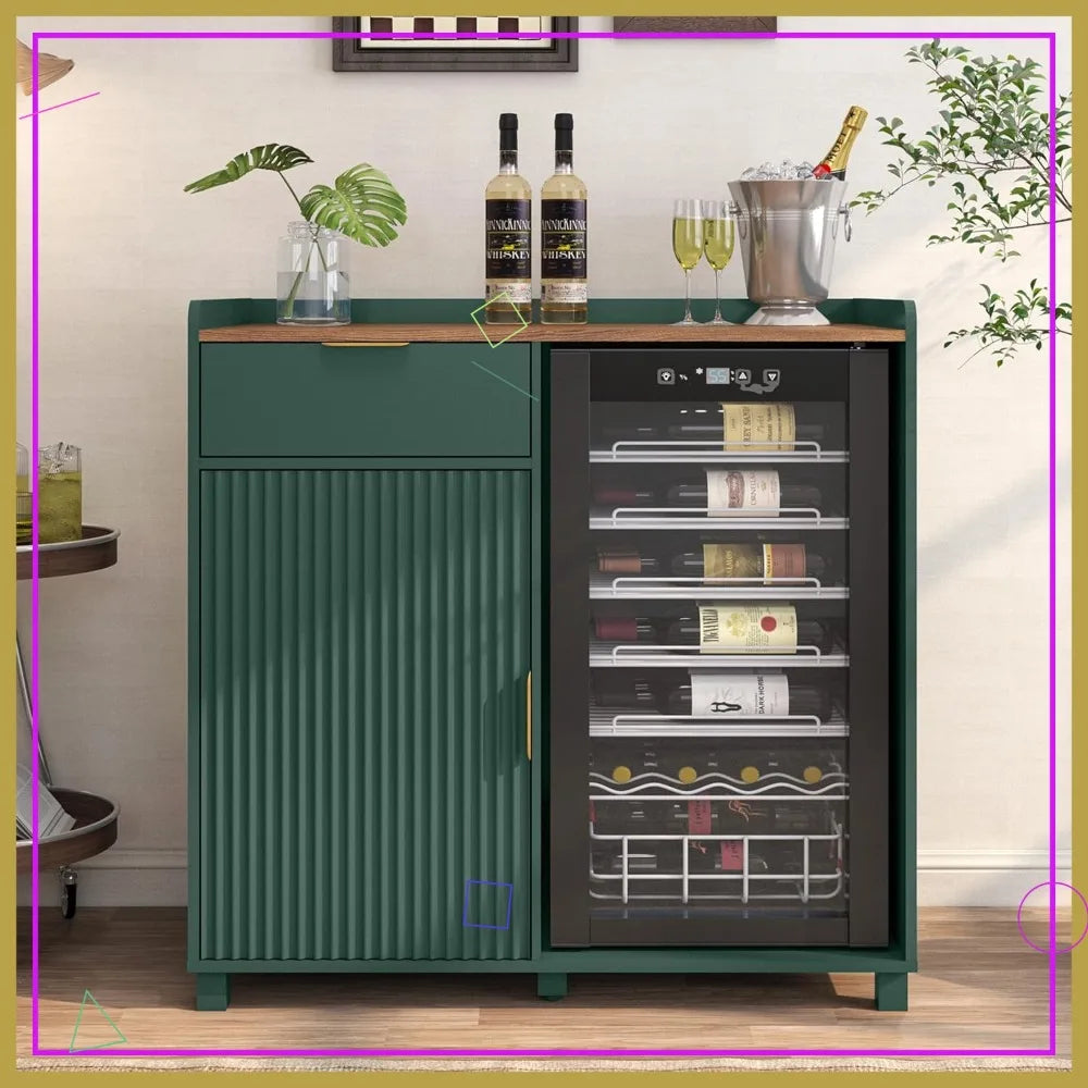 Modern Farmhouse Coffee Bar Cabinet with Mini Fridge Space, Wine Storage & Fluted Door - Green Sideboard for Living Room or Kitchen.