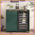 Modern Farmhouse Coffee Bar Cabinet with Mini Fridge Space, Wine Storage & Fluted Door - Green Sideboard for Living Room or Kitchen.