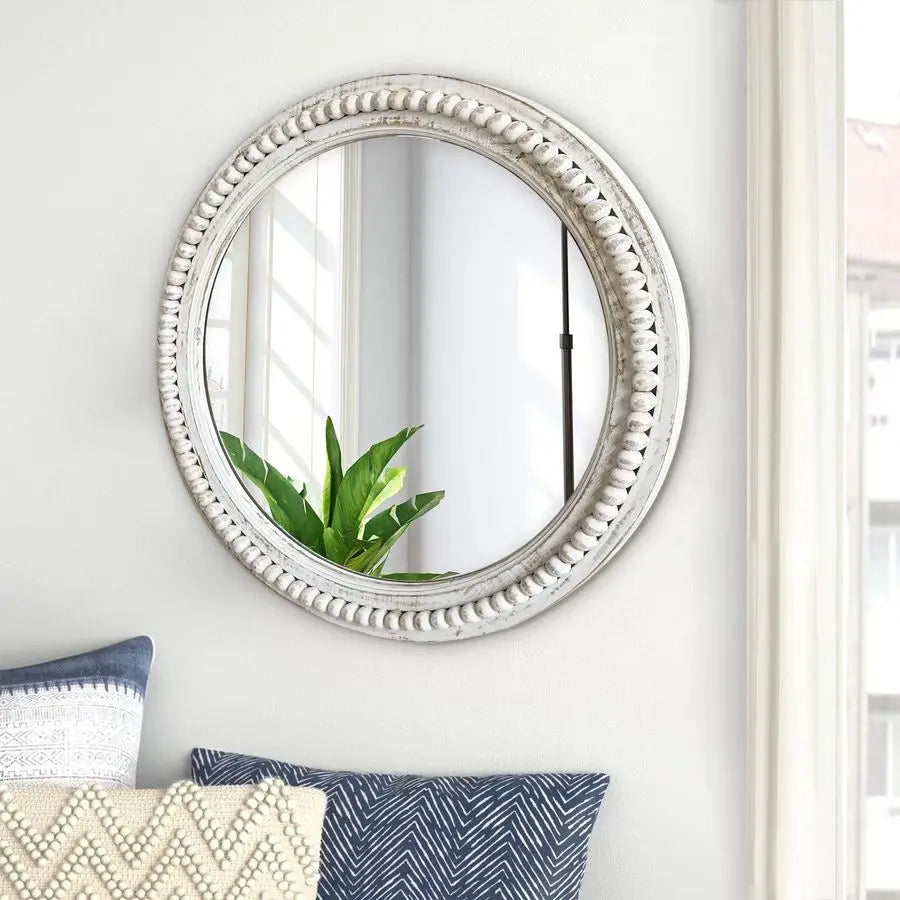 Round Wall 24 Inch White Wood Beaded Circle Mirror. Makes a Beautiful Accent  to any Room in Your Home.  Decorative Farmhouse Mirror for Living Room, Bedroom, Bathroom, or in an Entryway. Love This! Would Look Beautiful with