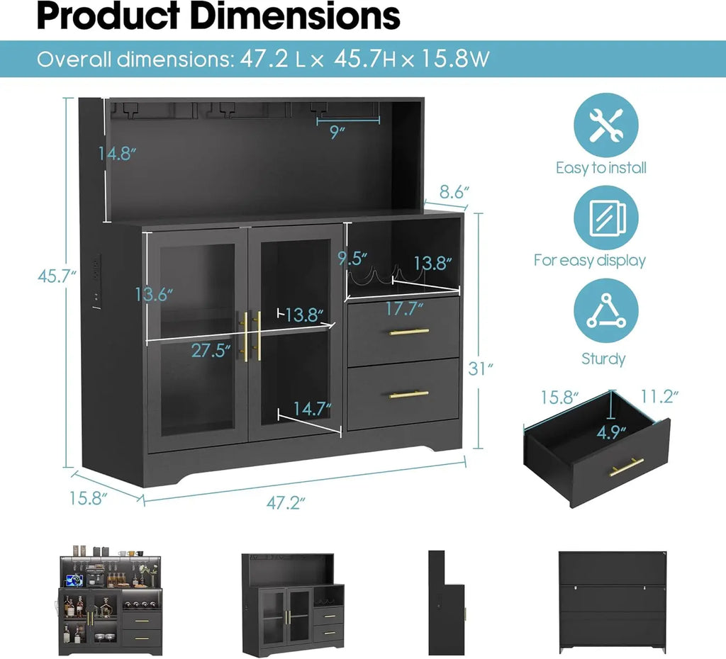 Wine Bar Cabinet with USB Outlets and Soft LED Lighting. With Ample Storage, this Piece is both Functional and Attractive. Great for the Kitchen Livingroom.