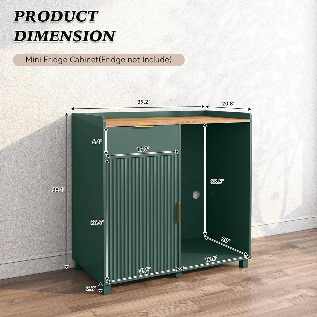 Modern Farmhouse Coffee Bar Cabinet with Mini Fridge Space, Wine Storage & Fluted Door - Green Sideboard for Living Room or Kitchen.