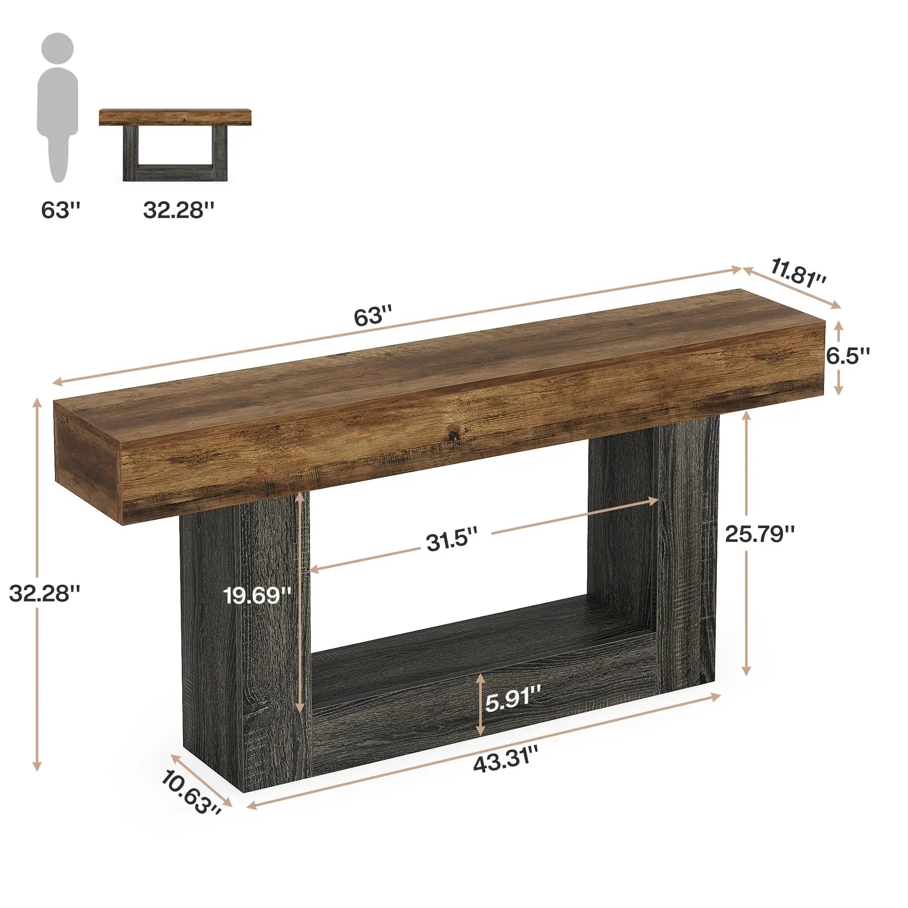 Modern  Farmhouse 2-Tier Entryway Table with U-Shaped Base, Narrow Long Wood Sofa Table. 63 inches tall.. Uniquely Stunning Design. Several finishes to choose from.